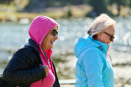 Senior friends enjoys a leisurely stroll in nature, immersed in joyous conversation, surrounded by the serenity of the outdoors, and creating timeless memories of companionship amidst the scenic beauty of the countrysideの写真素材