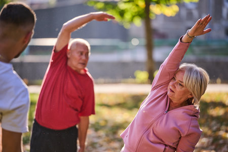 A group of seniors follows a trainer, engaging in outdoor exercises in the park, as they collectively strive to maintain vitality and well-being, embracing an active and health-conscious lifestyle in their later yearsの写真素材