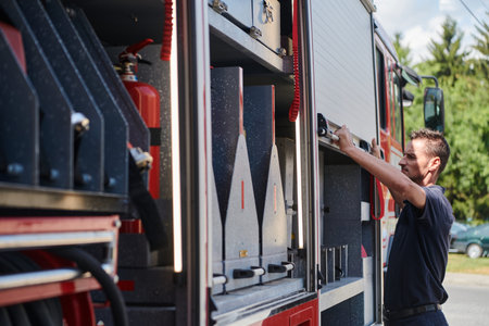 A dedicated firefighter preparing a modern firetruck for deployment to hazardous fire-stricken...