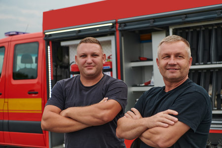 A skilled and dedicated professional firefighting team proudly poses in front of their state of the...