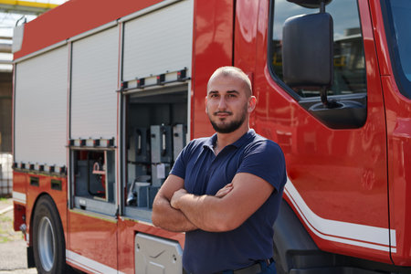 Confident firefighter stands with crossed arms, exuding resilience and preparedness, ready to...