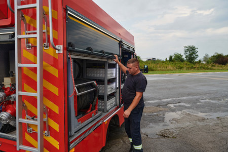 A dedicated firefighter preparing a modern firetruck for deployment to hazardous fire-stricken...