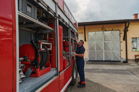 A dedicated firefighter preparing a modern firetruck for deployment to hazardous fire-stricken...