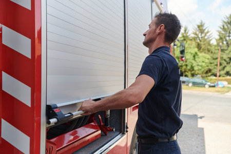 A dedicated firefighter preparing a modern firetruck for deployment to hazardous fire-stricken...