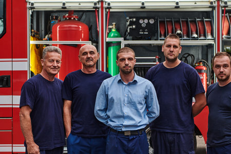 A skilled and dedicated professional firefighting team proudly poses in front of their state of the...