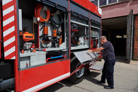 A dedicated firefighter preparing a modern firetruck for deployment to hazardous fire-stricken...
