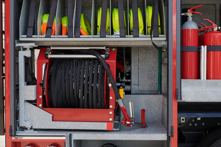 Close-up of essential firefighting equipment on a modern firetruck, showcasing tools and gear ready...