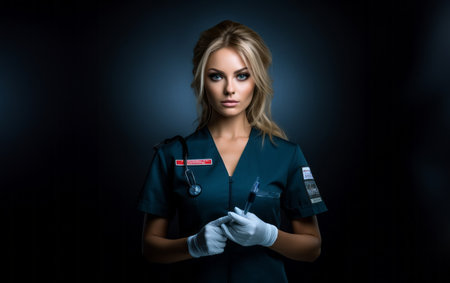 A modern and elegant doctor, exuding confidence and expertise, holds an injection in her hands against a dark backdrop, capturing the essence of contemporary healthcare professionalismの素材