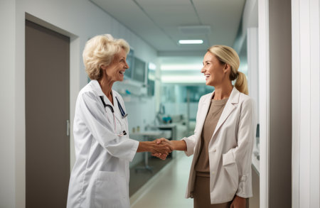 A compassionate doctor shares a handshake with her patient, signifying a successful and trustful completion of hospital treatmentの素材