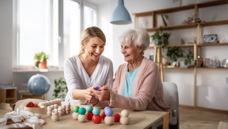 A medical professional engages in therapeutic exercises with an elderly woman in a wheelchair, utilizing a ball and various aids, exemplifying compassionate care and rehabilitation support in the realm of healthcareの素材