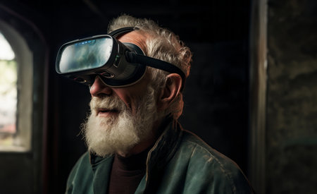 An elderly man with a distinguished gray beard immerses himself in a virtual reality experience, wearing VR glassesの素材