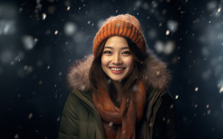 A beautiful Chinese woman exudes elegance as she poses for a portrait, donning a stylish jacket, capturing the serene charm of a snowy day with cultural graceの素材