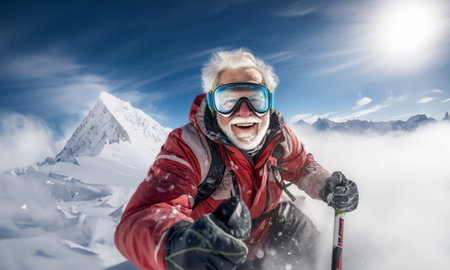 An adventurous elderly man with a distinguished gray beard showcases his seasoned skiing skills on the breathtaking snowy peaks of a mountainous landscapeの素材