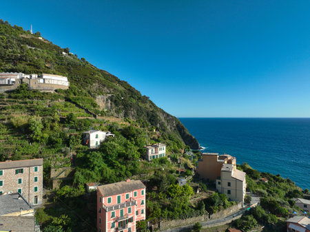 Manarola Village Cinque Terre Coast Italy. colorful town in Liguria one of five Cinque Terre. Manarola traditional Italian village in the National park Cinque Terre, with multicolored houses on rockの写真素材