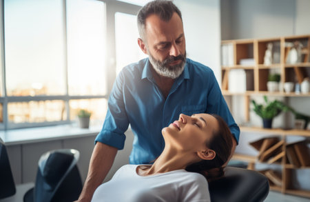 Chiropractor Performing Neck Adjustment and Massage on Woman.Generated imageの素材