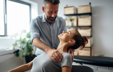 Chiropractor Performing Neck Adjustment and Massage on Woman.Generated imageの素材