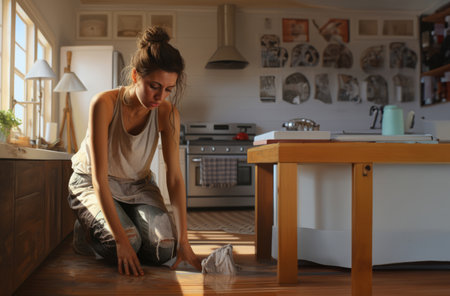Tired Woman Cleaning Living Room and Kitchen.Generated imageの素材