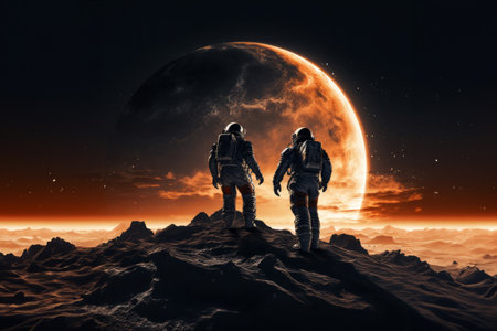 Astronaut Duo Explores the Dark Side of the Moon.Generated imageの素材