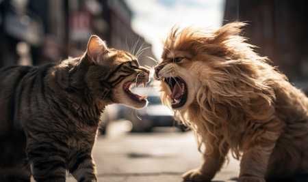 Street Showdown: Intense Encounter Between Cat and Dog Up Close.Generated imageの素材