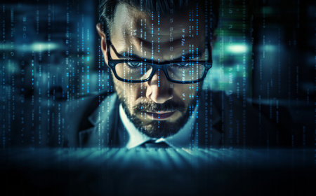 A hacker, surrounded by technological holograms, intensely focuses on coding in a close-up shot, portraying a futuristic cyber atmosphere.Generated imageの素材