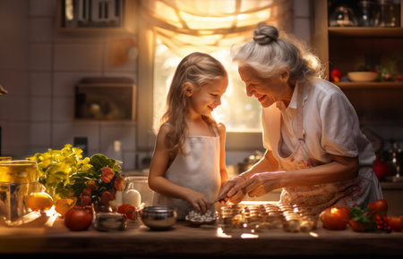 In the cozy warmth of home, a grandmother and her grandchild share a special bond as they cook together, passing on traditions, creating memories, and cherishing each others company.Generated imageの素材