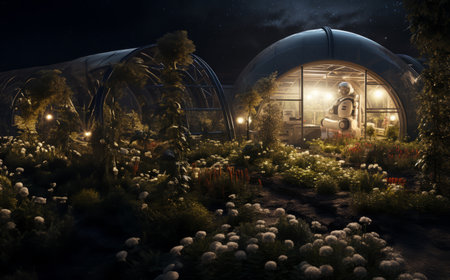 Earth Plants Thrive in Lunar Greenhouse.Generated imageの素材