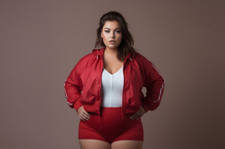 A plus-size woman in red sportswear poses confidently against a red backdrop, radiating strength and determination.Generated imageの素材