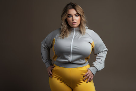 A plus-size woman in yellow activewear commands attention on a grey mat, radiating strength and determination. Generated imageの素材