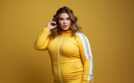 A plus-size woman in yellow activewear commands attention on a yellow mat, radiating strength and determination. Generated imageの素材
