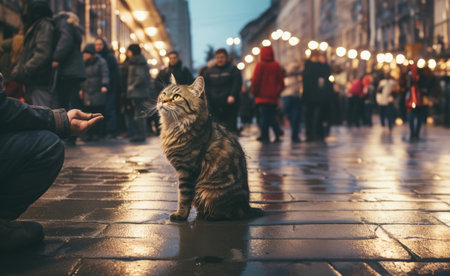 A kind stranger feeds a stray cat on a cold, rainy night.Generated imageの素材
