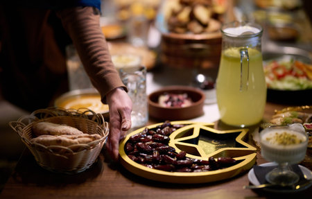 In this modern portrayal, a European Islamic family partakes in the tradition of breaking their...