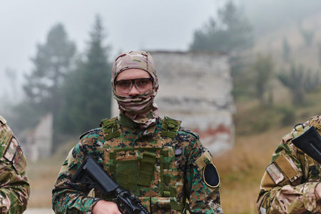 A disciplined and specialized military unit, donned in camouflage, strategically patrolling and maintaining control in a high-stakes environment, showcasing their precision, unity, and readiness for special operationsの写真素材