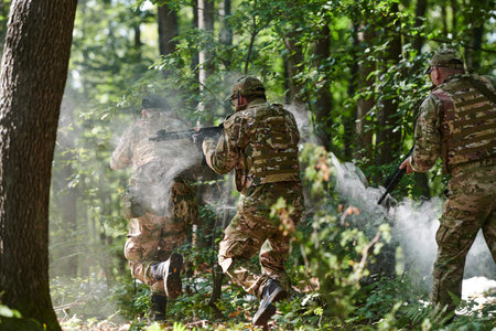 A specialized military antiterrorist unit conducts a covert operation in dense, hazardous woodland,...