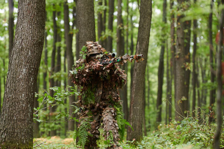 A highly skilled elite sniper, camouflaged in the dense forest, stealthily maneuvers through dangerous woodland terrain on a covert and precise missionの写真素材