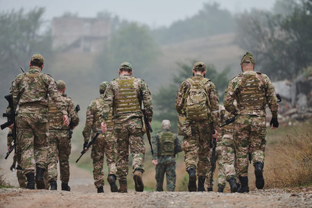 A disciplined and specialized military unit, donned in camouflage, strategically patrolling and...