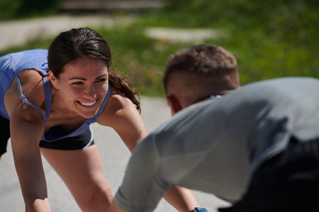 Exercise, mockup and couple workout and stretch together outdoors in nature by a mountain for...