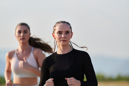 Sunny Day Run: Two Athletic Friends Keeping Fit Together.の写真素材
