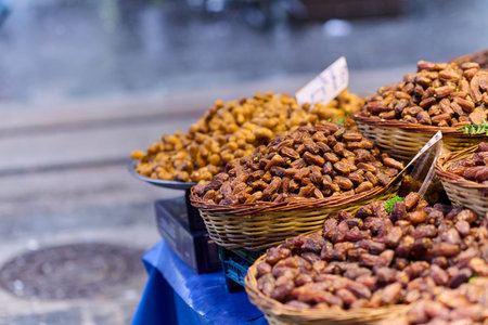 Taste of Autumn: Fresh Dates Packed and Ready for Sale on the Streets of Istanbulの写真素材