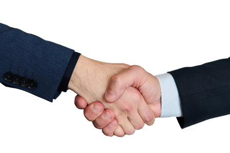 Businessmen making handshake with partner, greeting, dealing, merger and acquisition, business joint venture concept, for business, finance and investment background, teamwork and successful business isolation on white backgroundの写真素材