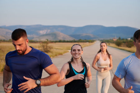 A group of friends maintains a healthy lifestyle by running outdoors on a sunny day, bonding over...