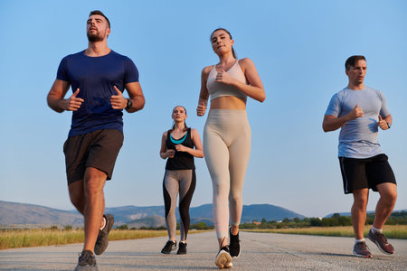 A group of friends maintains a healthy lifestyle by running outdoors on a sunny day, bonding over...