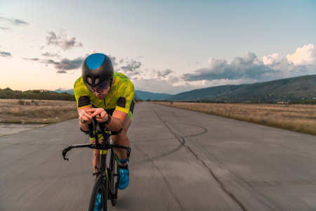 Triathlete riding his bicycle during sunset, preparing for a marathon. The warm colors of the sky provide a beautiful backdrop for his determined and focused effort.の写真素材