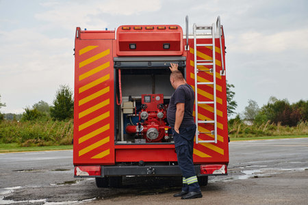 A state-of-the-art firetruck, equipped with advanced rescue technology, stands ready with its skilled firefighting team, prepared to intervene and respond rapidly to emergencies, ensuring the safety and protection of the communityの写真素材