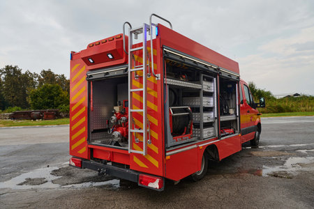 A state-of-the-art firetruck, equipped with advanced rescue technology, stands ready with its skilled firefighting team, prepared to intervene and respond rapidly to emergencies, ensuring the safety and protection of the communityの写真素材
