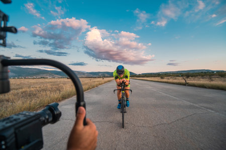 A videographer recording a triathlete riding his bike preparing for an upcoming marathon.Athletes physical endurance and the dedication required to succeed in the sport.の写真素材