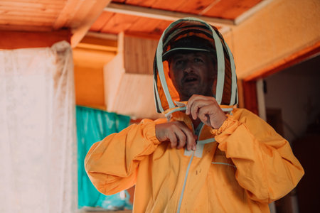 Beekeeper put on a protective beekeeping suit and preparing to enter the apiaryの写真素材