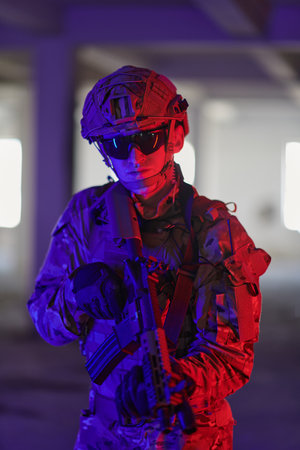 A professional soldier undertakes a perilous mission in an abandoned building illuminated by neon blue and purple lightsの写真素材