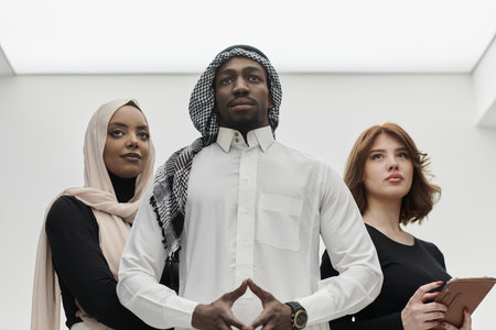 Arabic businessman stands confidently alongside two businesswomen, portraying a poised and diverse team that embodies ambition, innovation, and visionary leadership against a pristine white backgroundの写真素材