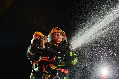 Firefighters using a water hose to eliminate a fire hazard. Team of female and male firemen in dangerous rescue mission.の写真素材