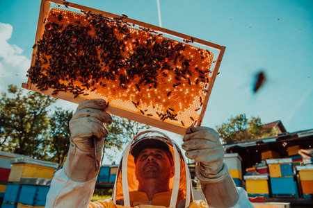 Wide shot of a beekeeper holding the beehive frame filled with honey against the sunlight in the field full of flowersの写真素材